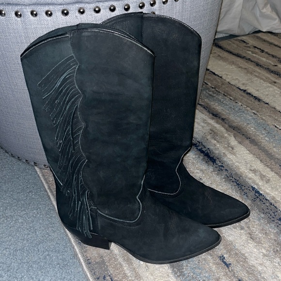 Maine Woods Leather Suede Black Fringe Cowboy Boots - Picture 2 of 7